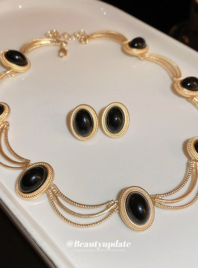 银针复古椭圆几何耳环项链