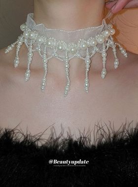 新款网纱流苏珍珠颈链复古精致