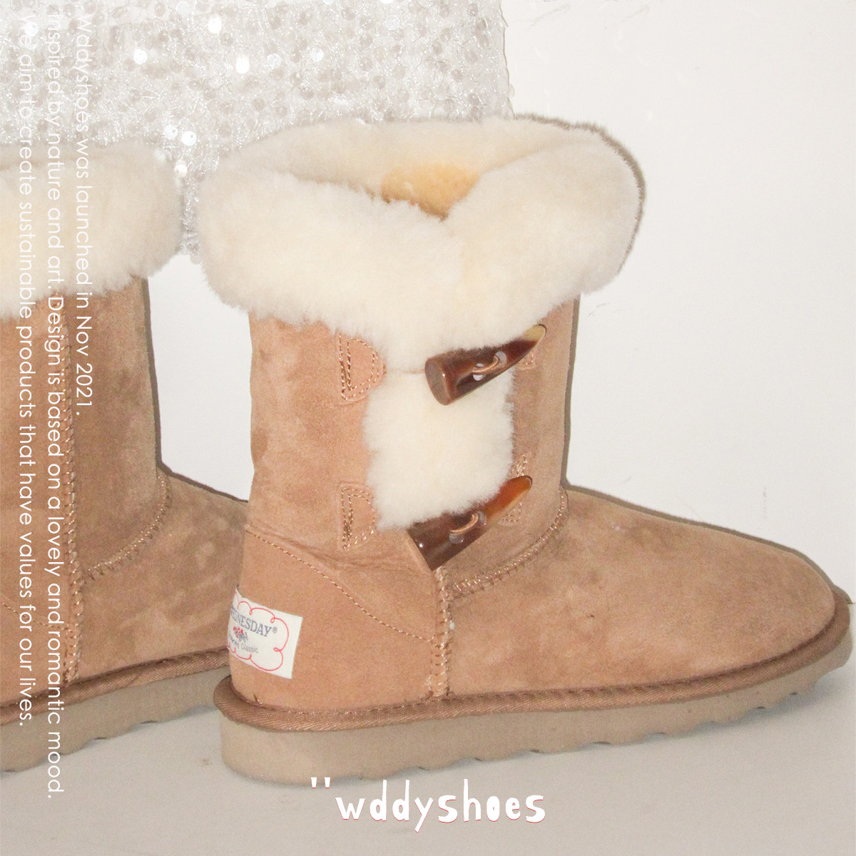 WDDYSHOES牛角扣雪地靴女2025冬新款皮毛一体翻毛中高筒棉鞋,淘宝优惠券,粉丝福利购,淘宝优惠卷