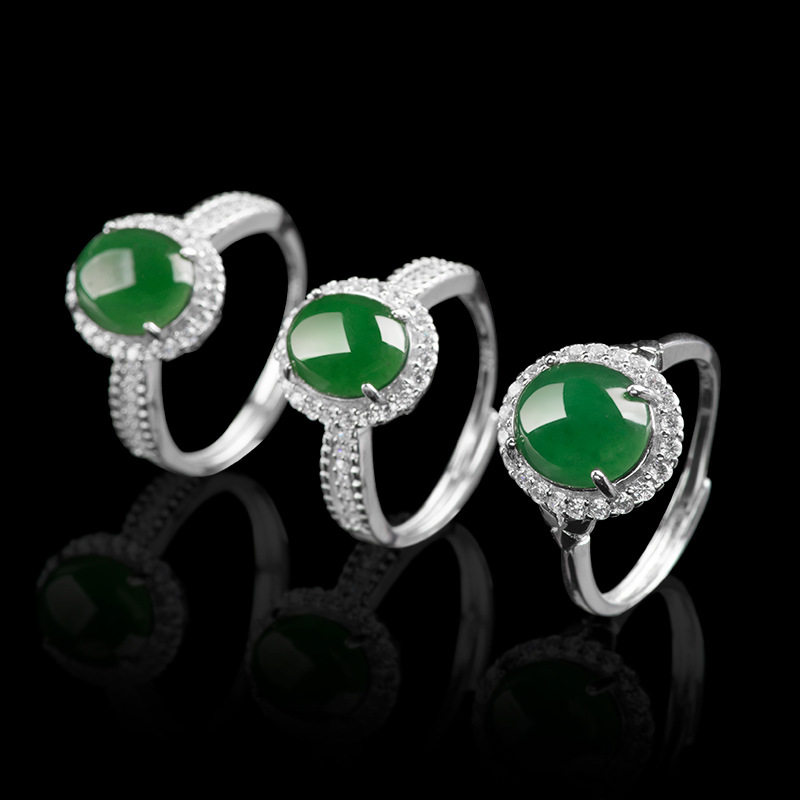 Cuiyingfu Cuiyingfu S925 silver inlaid with natural A goods jade sun green large cabochon ring ice jade D116