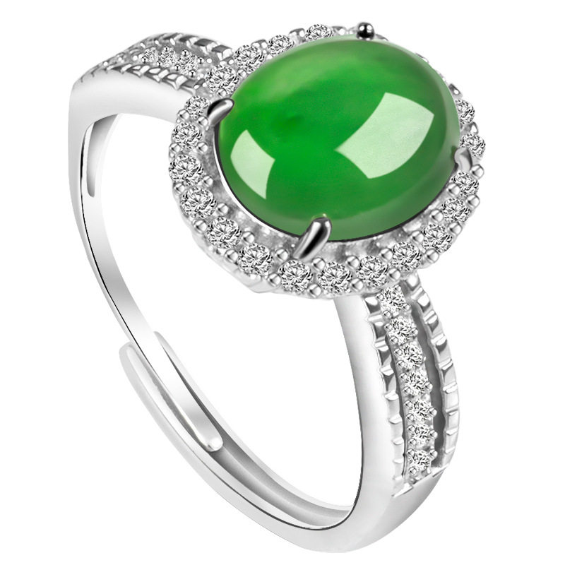 Cuiyingfu Cuiyingfu S925 silver inlaid with natural A goods jade sun green large cabochon ring ice jade D116