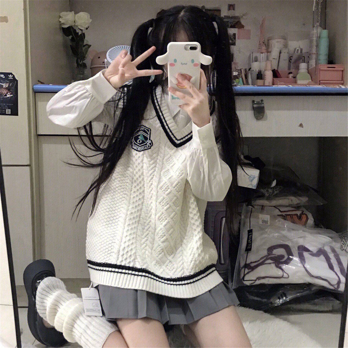 胖薯大码秋冬日系学院风jk衬衫V领马甲背心女针织衫百褶裙三件套,淘宝优惠券,粉丝福利购,淘宝优惠卷