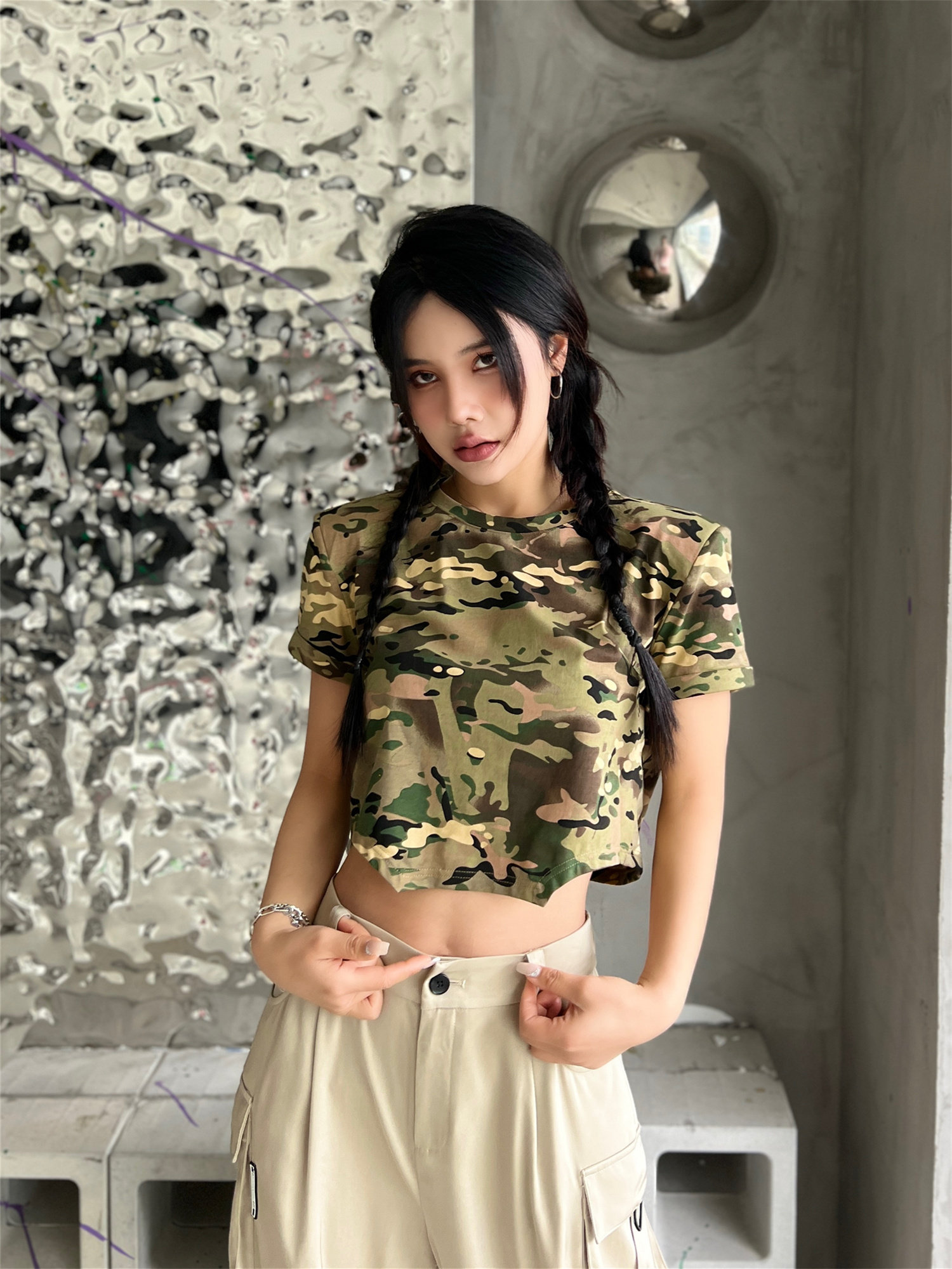 bw夏季女士短袖半袖迷彩t恤上衣