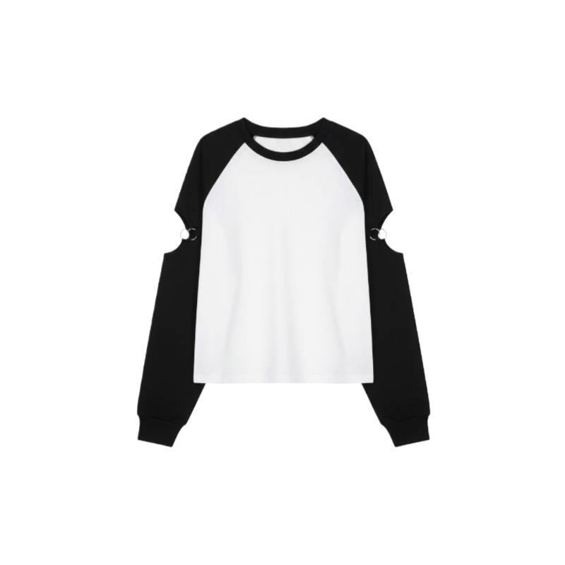 BW 设计感印花长袖T恤女复古拼色插肩袖打底衫短款上衣白拼黑新款,淘宝优惠券,粉丝福利购,淘宝优惠卷