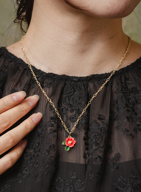 红色小众设计感山茶花手作项链