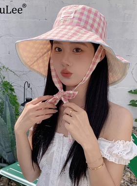 双面格纹渔夫帽子薄款防晒太阳帽
