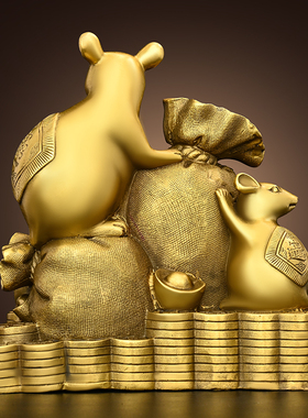 醉芒黄铜老鼠摆件客厅书房办公室