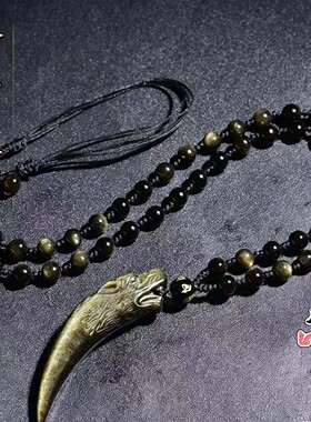 日系设计师topwhit冰种黑曜石狼牙吊坠金矅石彩虹眼送男士礼物挂