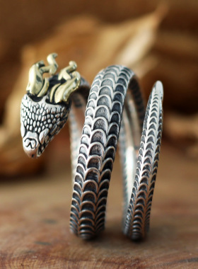 日本coss koko银蛇戒指像龙带角的蛇指环活口多圈指环可调节复古