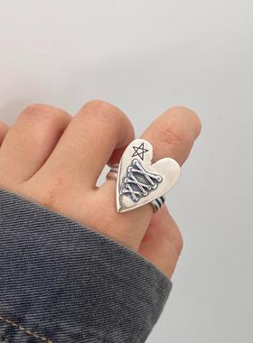 日本coss koko复古原创设计银爱心绷带星星开口戒指小众个性情侣