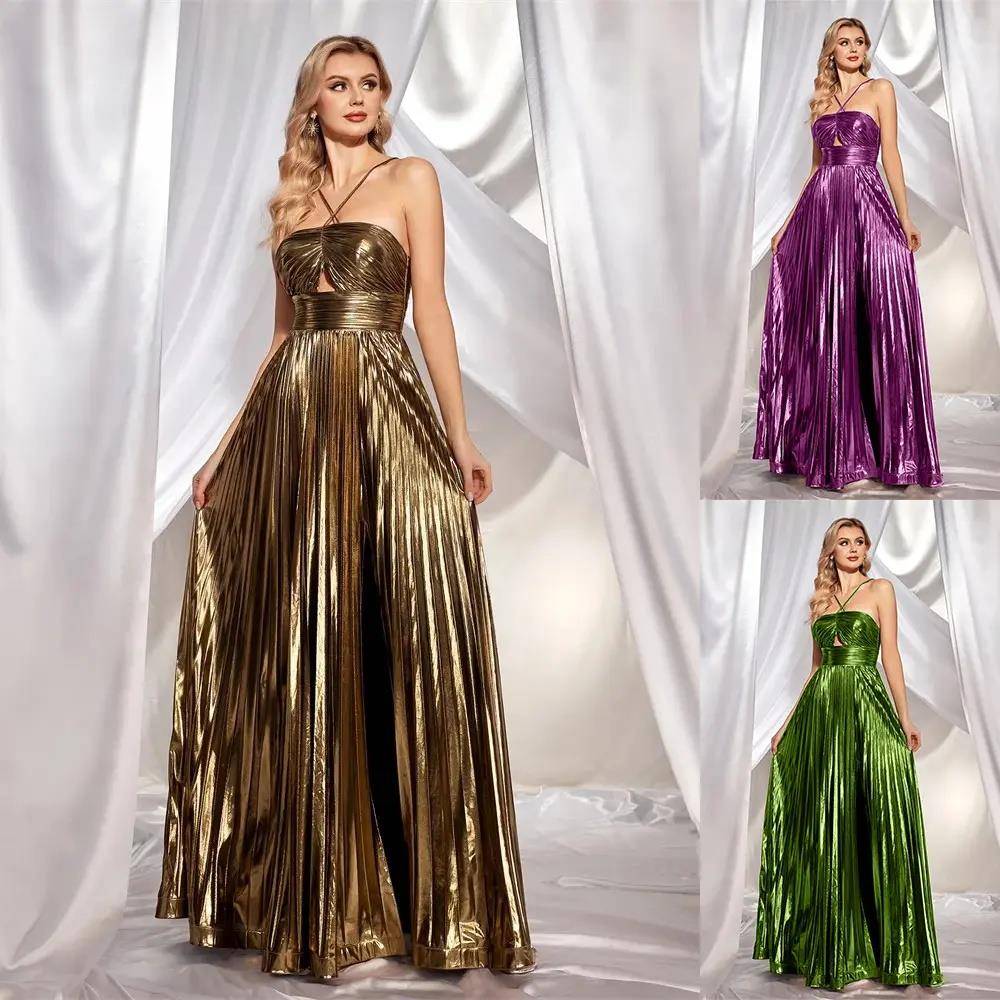 欧美女装挂脖连衣裙性感开叉金色露背晚礼服Golden evening gown - 图0