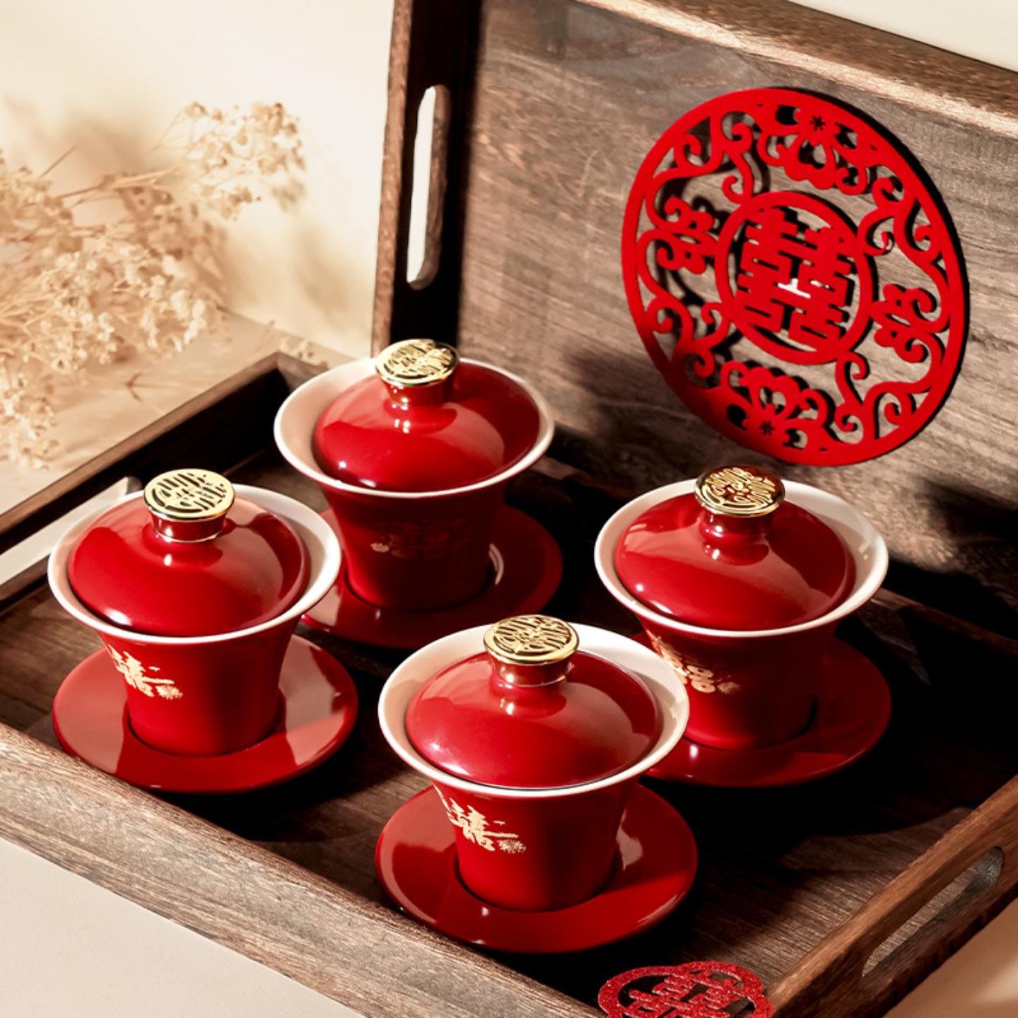 A pair of high-end red cups for wedding tea ceremony