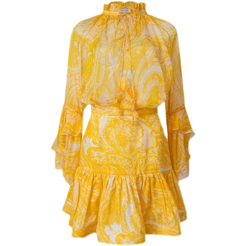 PHERIQUE《榛子花粉》很显瘦明亮黄腰果花衬衫A字鱼尾亚麻半身裙 - 图3