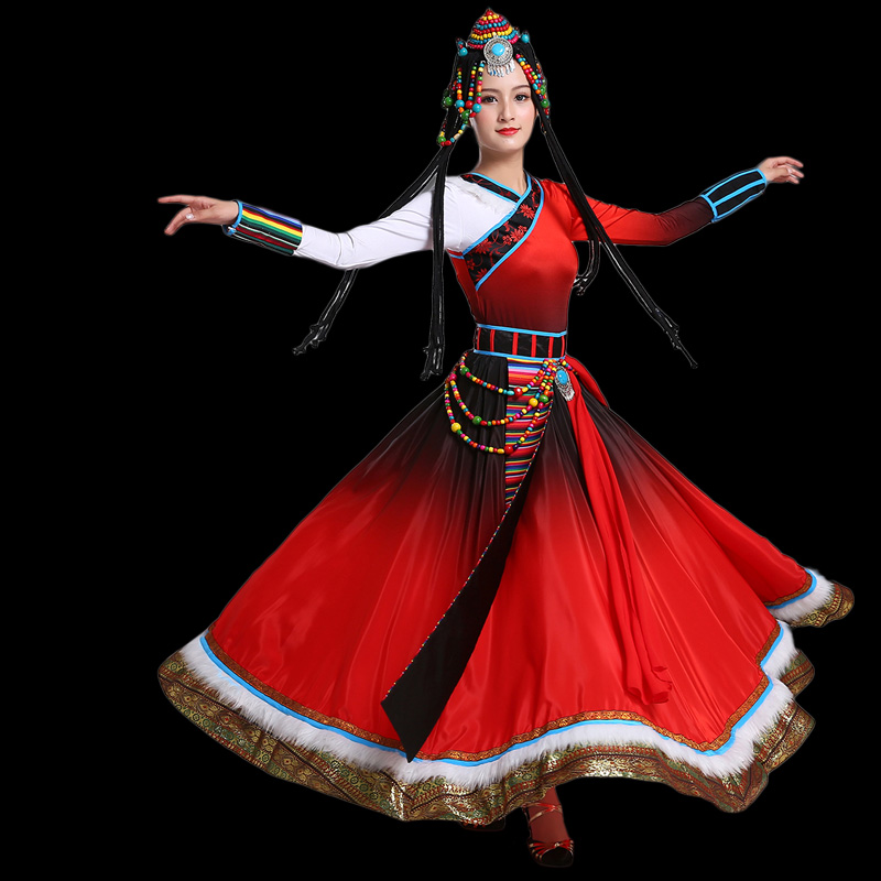 新款藏族服装女成人水袖舞蹈演出服装藏式大摆裙少数民族表演服饰-图2