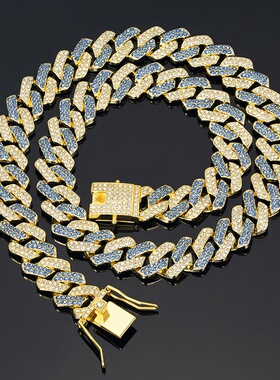 跨境新款粉色蓝色14菱形古巴链锌合金满钻嘻哈hiphop项链男女手链