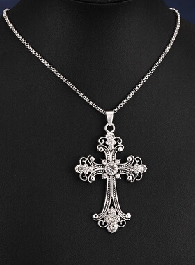 2025春季新款巴洛克风情十字架项链欧美嘻哈吊坠毛衣链挂件潮镶钻