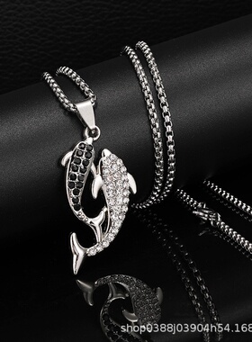 新款黑白双鱼满钻锦鲤吊坠挂件嘻哈可爱海豚情侣长款毛衣链项链饰