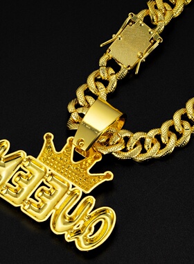 跨境新品热销合金满钻皇冠QUEEN字母吊坠古巴项链嘻哈潮男配饰