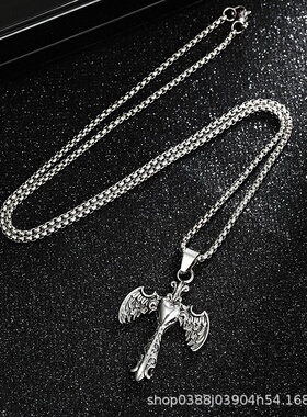 欧美跨境翅膀爱心花纹十字架钛钢项链时尚百搭男生吊坠情侣毛衣链