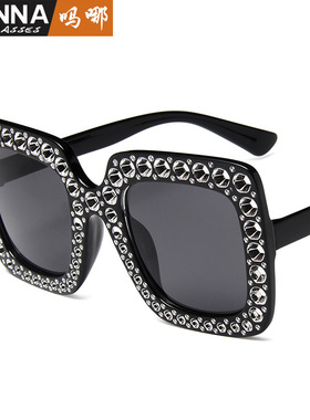 日本topwhit新款镀钻大框太阳镜满天星复古方形墨镜炫彩海洋片