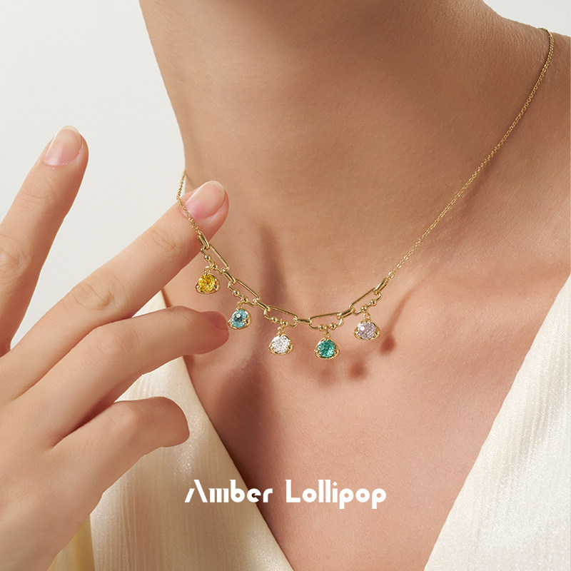 AmberLollipop项链女彩色锆石吊坠颈链小众配饰2026新品 鎏沙系列