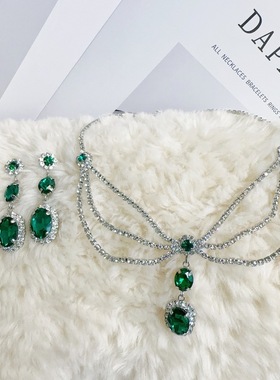 银针镶钻多层项链耳环套装欧美复古风祖母绿锆石高级感气质饰品女