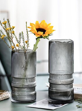 北欧大号玻璃花瓶彩色客厅餐桌居家摆件水养百合玫瑰干花条纹花器