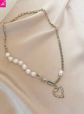 Personality stitching chain pearl Heart pendant necklace项链