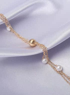 three-layer pearl necklace Golden woman choker项圈颈链锁骨链