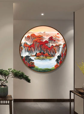 彩象高端新中式纯手绘油画装饰画玄关圆形灯光沙发背板墙壁挂画旭