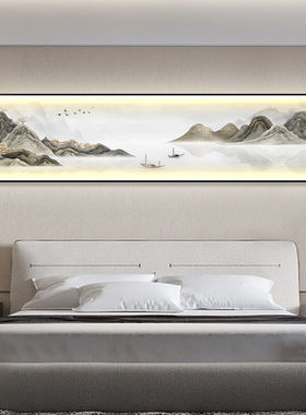 墨派卧室装饰画带灯LED发光画新中式花鸟床头画客厅沙发背景墙壁