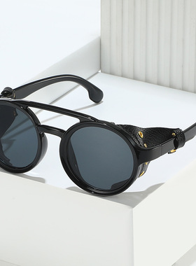 日本george melis 复古真皮圆形太阳镜 欧美时尚男女士简约百搭