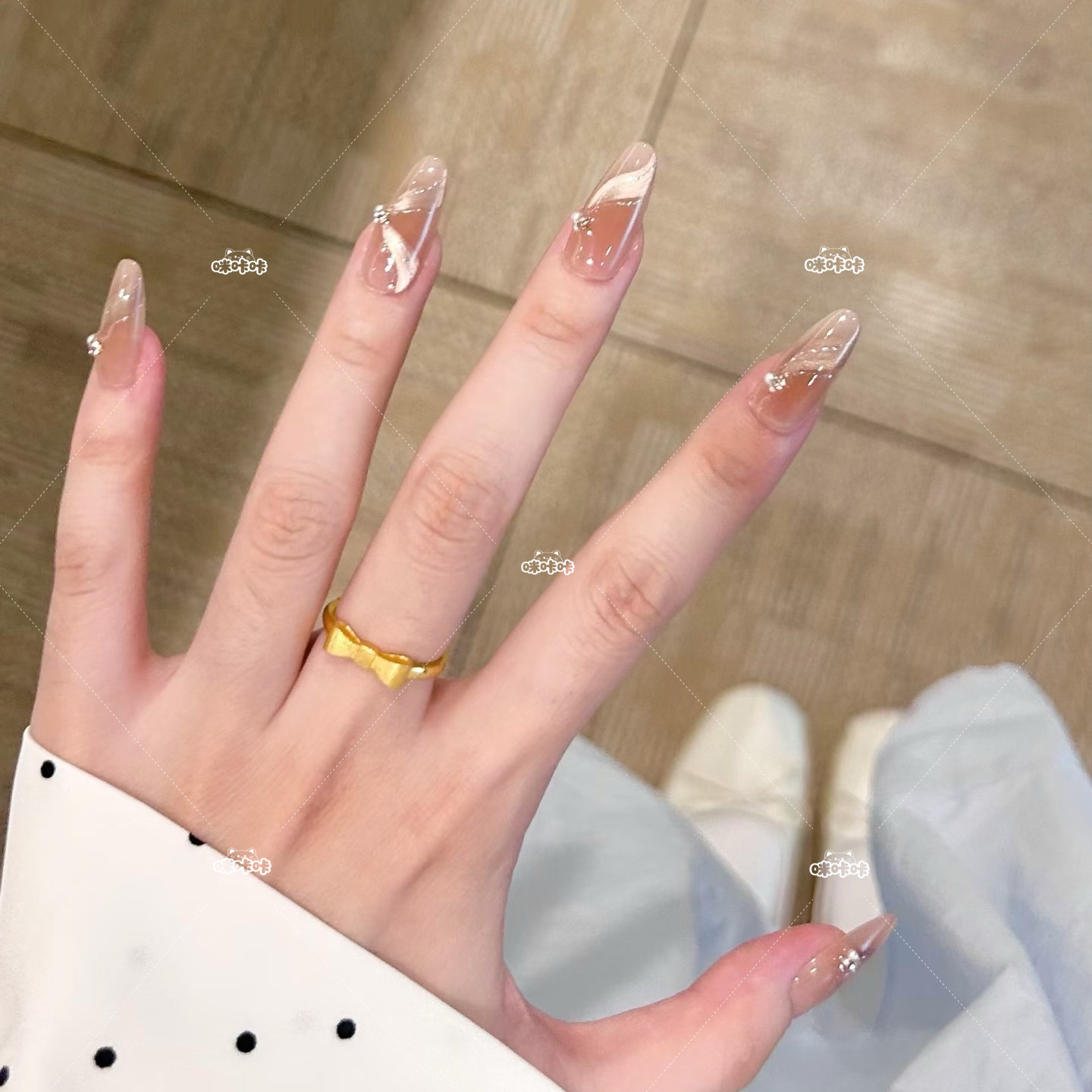 茶棕飘带气质显白裸色氛围感仙女美甲手工定制穿戴甲防水可拆卸,淘宝优惠券,粉丝福利购,淘宝优惠卷