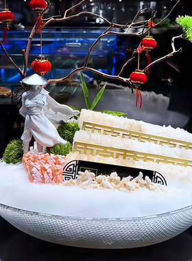 新中式刺身摆盘装饰品人物侠客海鲜姿造高端背景武侠点缀小摆件