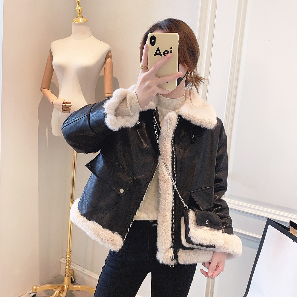 皮毛一体外套女2023韩版冬季新款时尚气质加绒加厚短款皮衣机车服