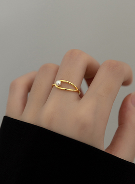 s925银金色简约镂空线条水滴戒指小清新珍珠复古风戒手饰情侣礼物