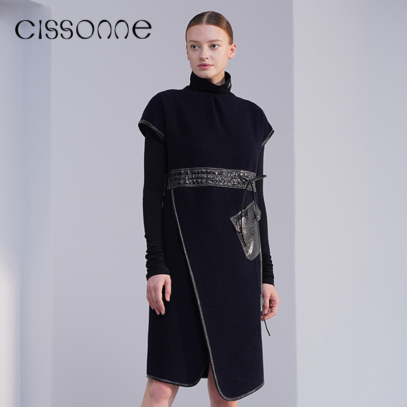 CISSONNE赛颂女装羊毛纯色高领系带中长连衣裙 - 图0