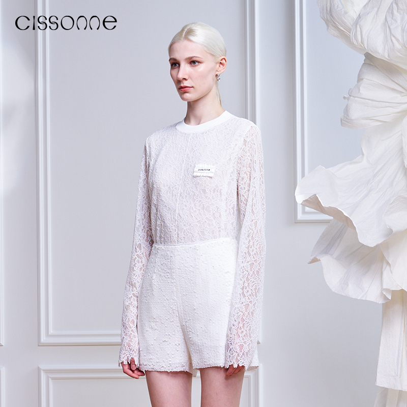 CISSONNE赛颂款立体蕾丝面料法式气质甜美精致柔顺套头上衣 - 图0