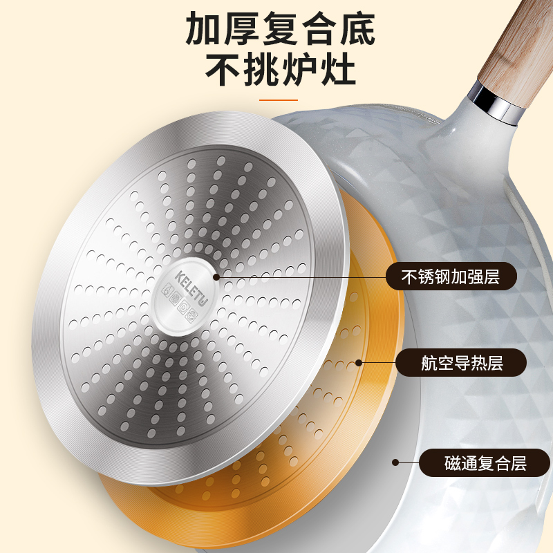 麦饭石不粘锅家用炒锅平底电磁炉燃气深煎锅白色煎炒锅一体炒菜锅