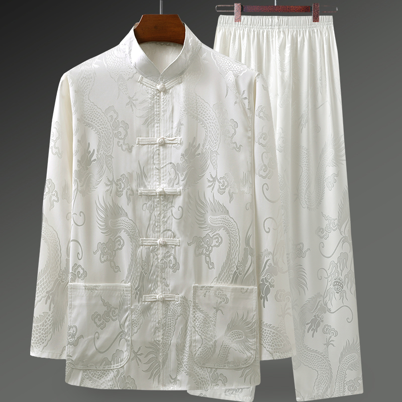 冰丝唐装男长袖薄款中国风爸爸衬衫 唐老头唐装