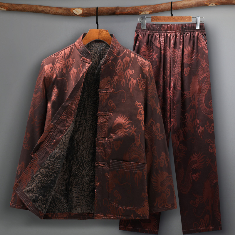 唐装男中老年冬装加绒爸爸棉衣套装 唐老头唐装