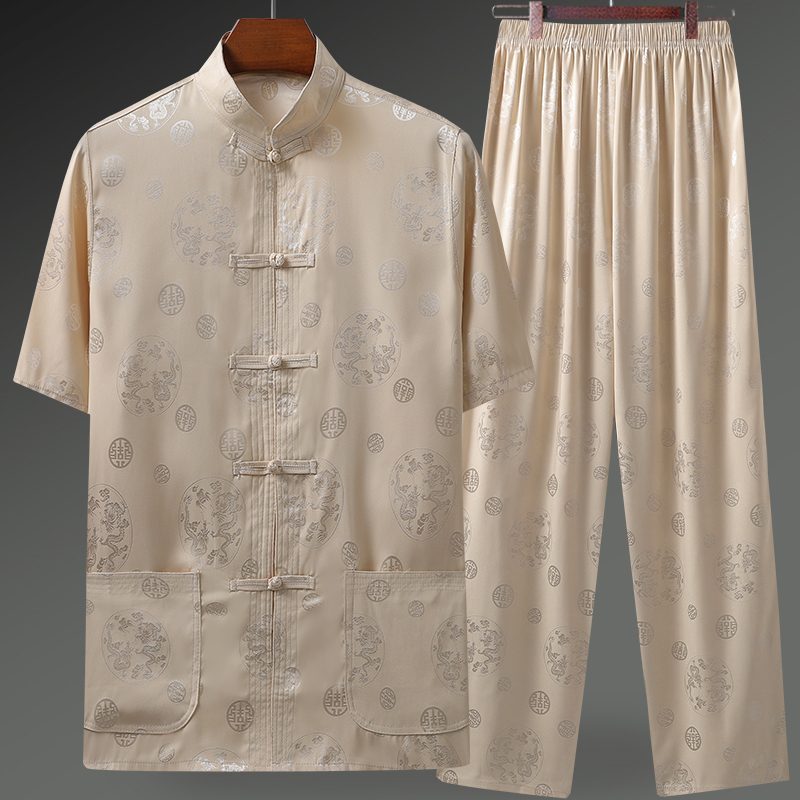 唐装男冰丝短袖夏季中老年爸爸装 唐老头唐装