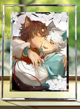 京剧猫白糖拟人水晶玻璃相框摆件