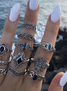 欧美时尚复古宝石水滴镶钻套装戒指11件套关节戒 Set Joint Ring