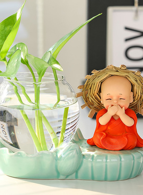 速发禅桌小和尚办公室意面透明玻璃花瓶客厅插花黄培水金葛水培装