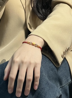 足金999金黄金福牌福锁红绳编绳手链女送女友老婆七夕情人节礼物