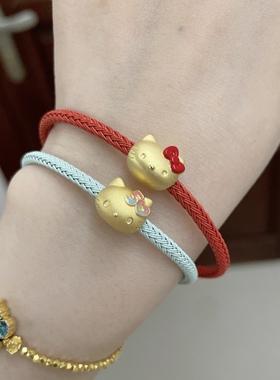 黄金足金999金KT猫手链烤漆猫头蝴蝶结转运珠礼物情人节礼物女孩