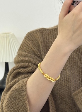 五帝钱小金圈竹节999足金手链黄金转运珠女送女友老婆情人节礼物