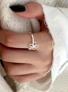 纯银花朵戒指女925银色小花开口食指指环小众百搭2022年秋冬新款