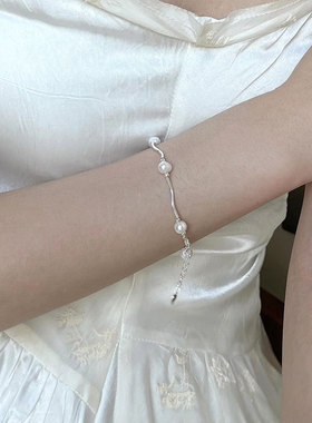 925纯银珍珠手链女简约银珠波浪手环小巧学生闺蜜小众设计冷淡风